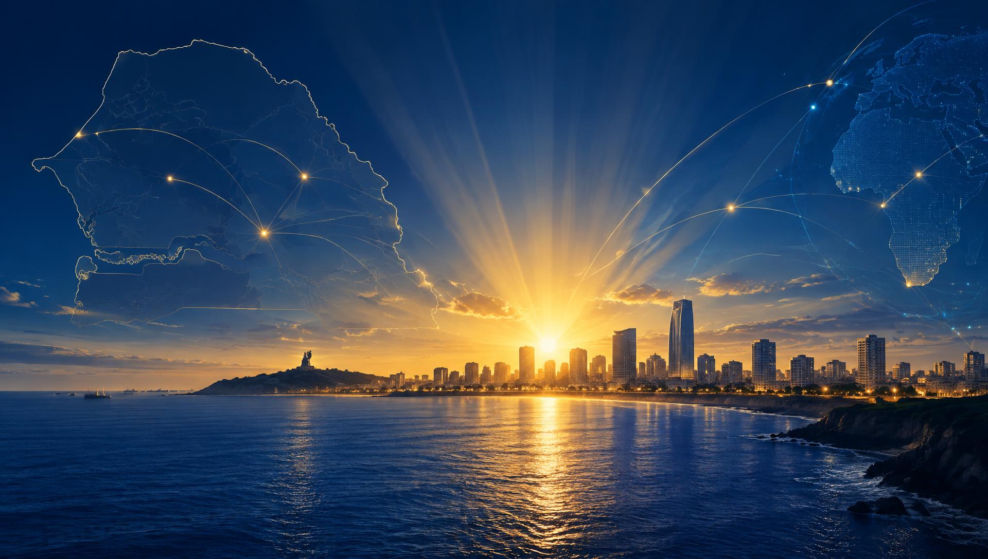 Horizon doré sur le littoral sénégalais et réseaux de connexions numériques